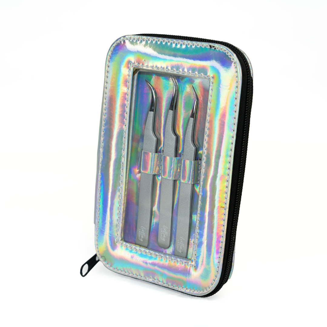 3-Piece Silver Tweezer Set + Holographic Case